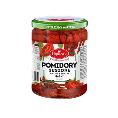 Pomidory suszone w oleju z ziołami paski 480g/320g Urbanek