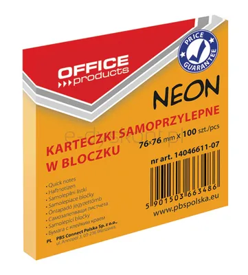 Office Products Bloczek Samoprzylepny76X76Mm, 1X100 Kart., Neon, Pomarańczowy 