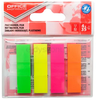 Office Products Zakładki indeksujące papier Pp, 12X43Mm, 4X35 Kart., Zawieszka, Mix Kolorów Neon