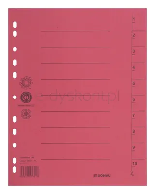 Donau Przekładka karton A4, 235x300mm, 1-10, 1 karta, czerwona 