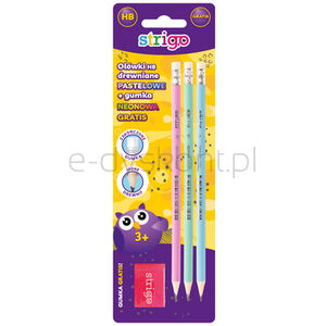 Strigo pastelowe ołówki HB z gumką x3 + gumka neonowa