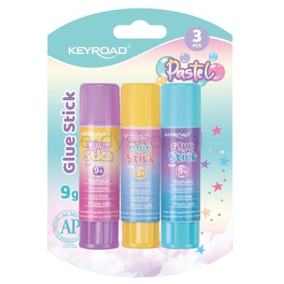 Keyroad Klej w sztyfcie Pastel, PVP, 9g, 3 szt., blister, mix kolorów