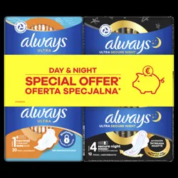Zestaw Always Ultra Podpaski Secure Night (rozmiar 4) ze skrzydełkami x12 i Always Ultra Normal x 20