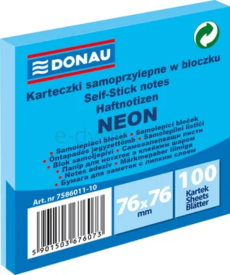 Donau Bloczek samoprzylepny 76X76Mm, 1X100 Kart., Neon, Niebieski