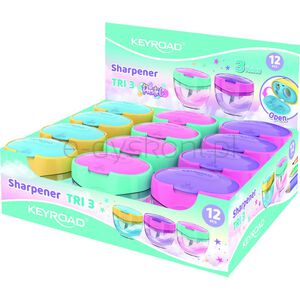 Keyroad Temperówka plastikowa, pastel, potrójna, z pojemnikiem, display, mix kolorów