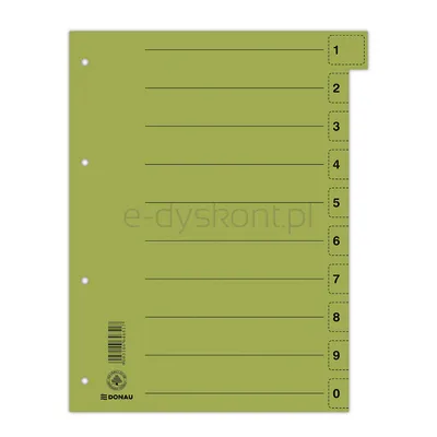Donau Przekładka Karton A4, 235X300Mm, 0-9, 1 Karta Z Perforacją, Zielona