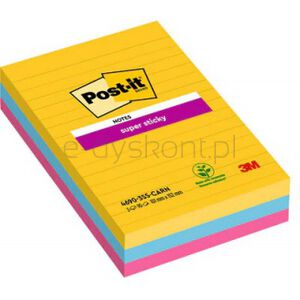 Post-It Karteczki samoprzylepne Super Sticky w linie (4690-SS3RIO-EU), 101x152mm, 3x90 kart., paleta Carnival 