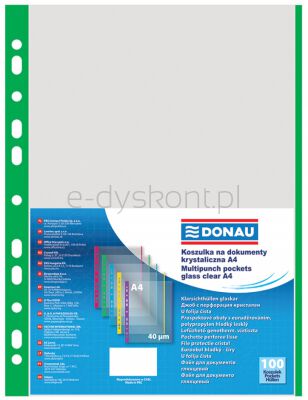 Donau Koszulki na dokumentyPP, A4, krystal, 40mikr., kolorowy brzeg - zielony, 100szt.