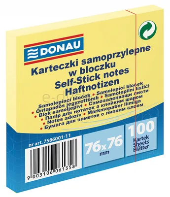 Donau Bloczek samoprzylepny 76X76Mm, 1X100 Kart., Jasnożółty