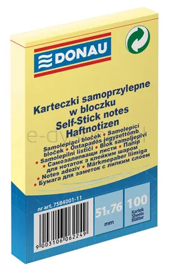 Donau Bloczek samoprzylepny 51X76Mm, 1X100 Kart., Jasnożółty