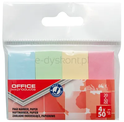 Zakładki indeksujące OFFICE PRODUCTS, papier, 20x50mm, 4x50 kart., zawieszka, mix kolorów pastel