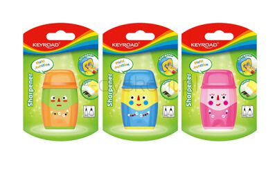 Keyroad Temperówka plastikowa Hello, z gumką, podwójna, z pojemnikiem, blister, mix kolorów