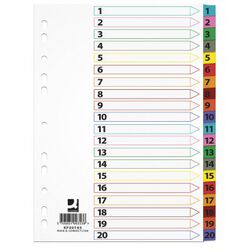 Q-Connect Przekładki Mylar, karton, A4, 225x297mm, 1-20, 20 kart, lam. indeks, mix kolorów