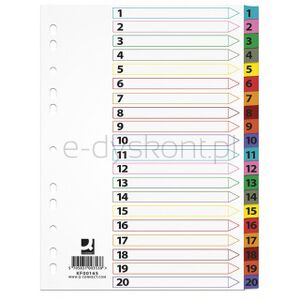 Q-Connect Przekładki Mylar, karton, A4, 225x297mm, 1-20, 20 kart, lam. indeks, mix kolorów