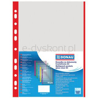 Donau Koszulki na dokumentyPP, A4, krystal 40mikr kolorowy brzeg - czerwony, 100szt.