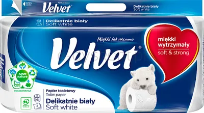 Papier toaletowy celulozowy VELVET Delikatnie Biały, 3-warstwowy, 150 listki, 8szt., biały
