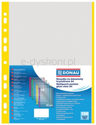 Donau Koszulki na dokumentyPP, A4, krystal 40mikr kolorowy brzeg - żółty, 100szt. 