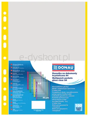 Donau Koszulki na dokumentyPP, A4, krystal 40mikr kolorowy brzeg - żółty, 100szt. 