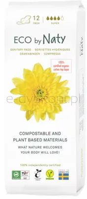 Ekologiczne Podpaski Ze Skrzydełkami, Kompostowalne, Super, 12 Sztuk