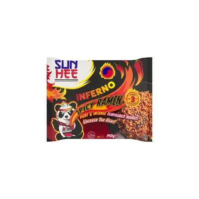 Sun Hee Danie z pszennym, błyskawicznym makaronem Ramen, typu noodle ze słodko-pikantnym sosem Inferno 140g