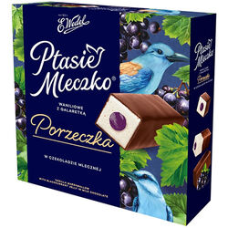 E.Wedel Ptasie mleczko waniliowe z galaretką o smaku czarnej porzeczki w czekoladzie mlecznej 340g
