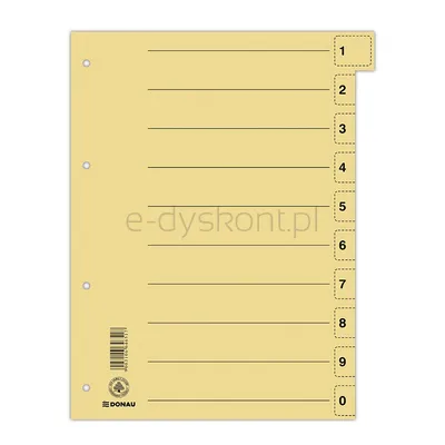 Donau Przekładka karton, A4, 235x300mm, 0-9, 1 karta z perforacją, żółta