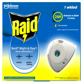 Raid® Night & Day™ przeciw muchom, komarom i mrówkom - elektrofumigator owadobójczy z wymiennym wkładem - 2,29g