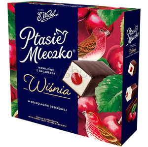 E.Wedel Ptasie mleczko waniliowe z galaretką wiśniową w czekoladzie deserowej 340g