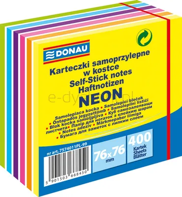 Donau Kostka samoprzylepna, 76x76mm, neon, 1x400 kart., mix kolorów 