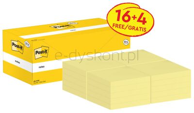 Post-It  Karteczki Samoprzylepne (654Cy-Vp20), 76X76Mm, (16+4)X100 Kart., Żółte, 4 Bloczki Gratis