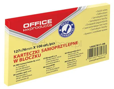 Office Products Bloczek Samoprzylepny127X76Mm, 1X100 Kart., Pastel, Jaznożółty 