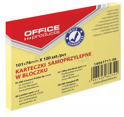 Office Products Bloczek Samoprzylepny 101X76Mm, 1X100 Kart., Pastel, Jasnożółty