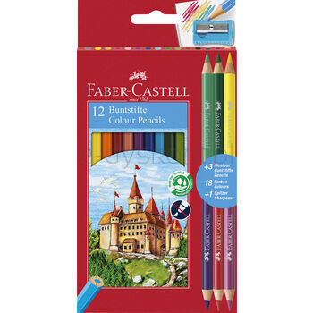 Faber-Castell kredki zamek 12 kolorów+3 kredki dwustronne+temperówka