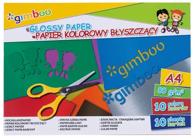 Zeszyt papierów kolorowych błyszczących Gimboo, A4, 10 kartek, 80gsm, mix kolorów