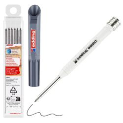 Edding Ołówek Budowlany E-8880 Do Głębokich Otworów + 6 Szt. Wkładów E-8881, Grafitowy 