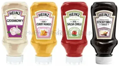 Heinz Mix Sosów (Garlic Sauce 220ml Curry Mango Sauce 220ml Hot Chilli Sauce 220ml Korean Barbecue 220ml )data przydatności 07.08.2025