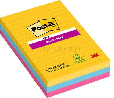Post-It Karteczki Samoprzylepne Super Sticky W Linie (4690-Ss3Rio-Eu), 101X152Mm, 3X90 Kart., Paleta Carnival 