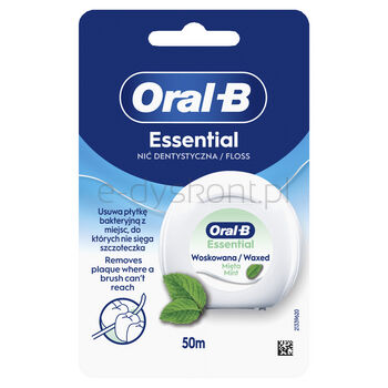 Oral-B Essential Floss – Woskowana Nić Dentystyczna do Ciasnych Przestrzeni – Smak Miętowy – 50 m