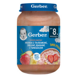 Gerber Makaron z truskawkami, jabłkami, bananami i twarożkiem 190g