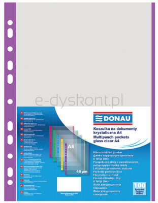 Donau Koszulki na dokumentyPP, A4, krystal 40mikr kolorowy brzeg - fioletowy, 100szt. 