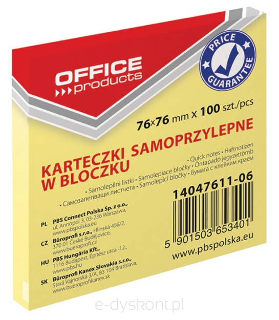 Bloczek Samoprzylepny Office Products, 76X76Mm, 1X100 Kart., Pastel, Jasnożółte