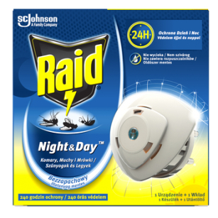 Raid® Night & Day™ przeciw muchom, komarom i mrówkom - elektrofumigator owadobójczy z wymiennym wkładem 2,24g