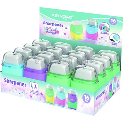 Temperówka plastikowa z gumką KEYROAD, pastel, podwójna, pudełko, mix kolorów